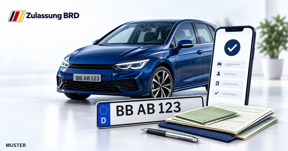 Online Fahrzeugzulassung in Holzgerlingen: Musterkennzeichen BB AB 123, Auto und Fahrzeugpapiere und Smartphone. Illustration mit Logo von Zulassung BRD.